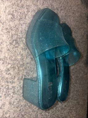 Teal Glitter Platform Slide Sandals - Women